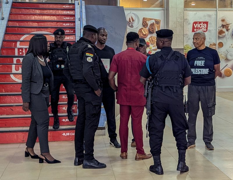 Accra, Ghana – September 16, 2025_ Police and employees of the Accra Mall and Silverbird Cinemas confront activists protesting the Gaza genocide during the Israeli film festival in Accra