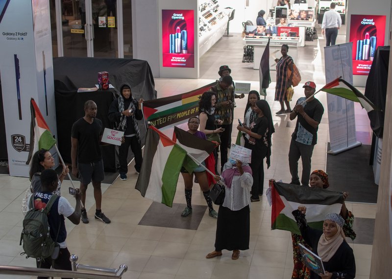 Accra, Ghana – September 17, 2025_ Activists in Ghana stand in solidarity with Palestinians during a protest against the Israeli film festival held at the Silverbird Cinemas, where they demanded an end to the Israeli genocide of Palestinians in Gaza.